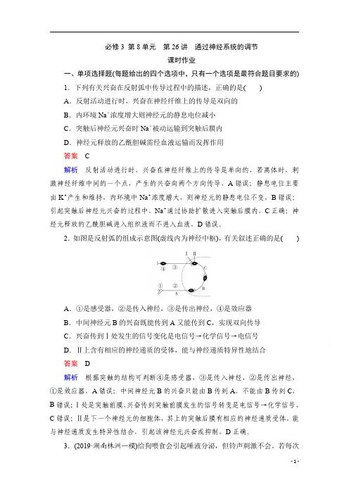 2021届新高考生物一轮复习：必修3 第8单元 第26讲 通过神经系统的调节 含解析