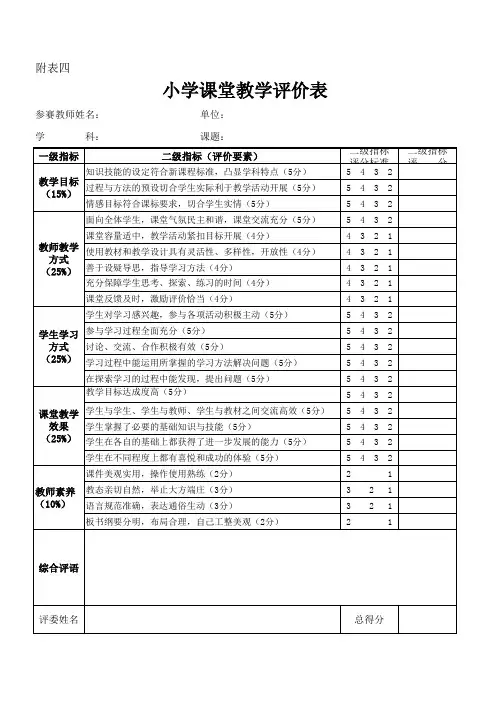 小学课堂教学评价表