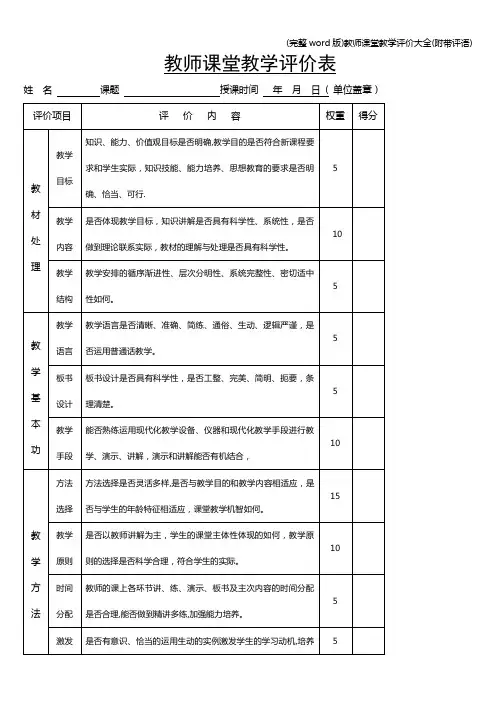 (完整word版)教师课堂教学评价大全(附带评语)