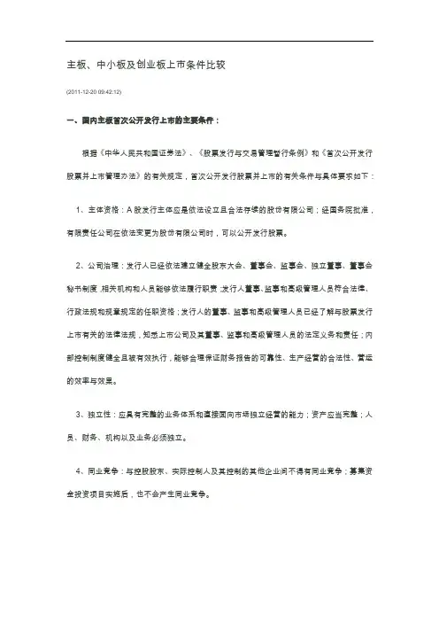 主板、中小板与创业板上市条件比较