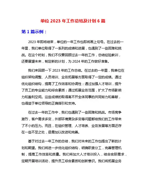 单位2023年工作总结及计划6篇