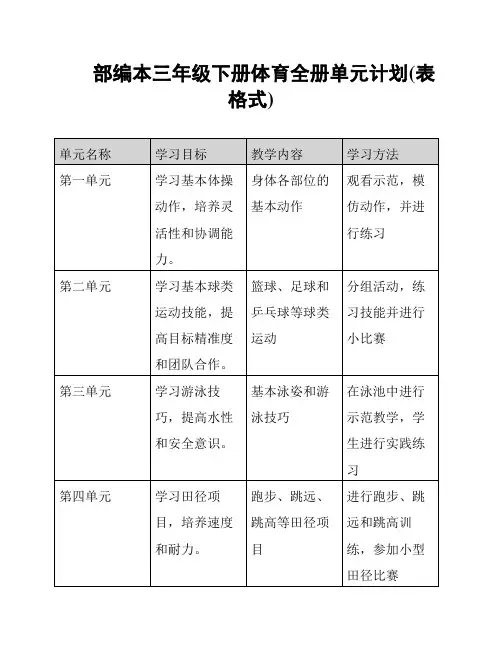 部编本三年级下册体育全册单元计划(表格式)