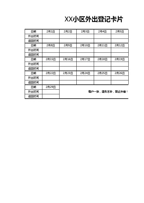疫情期间小区临时出入登记卡片EXCEl模板(推荐)