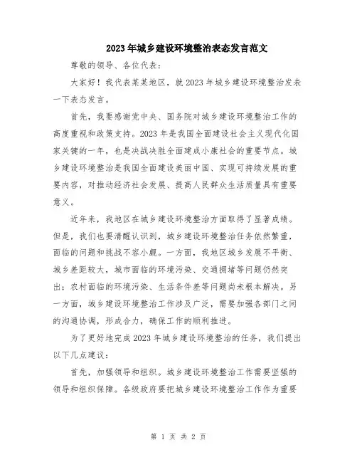2023年城乡建设环境整治表态发言范文