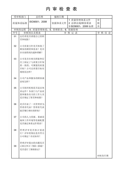 ISO9001内审检查表(范本)