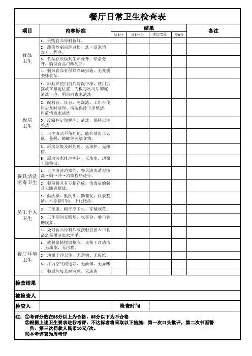 餐厅日常卫生检查表