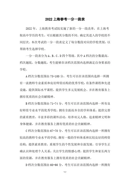2022上海春考一分一段表