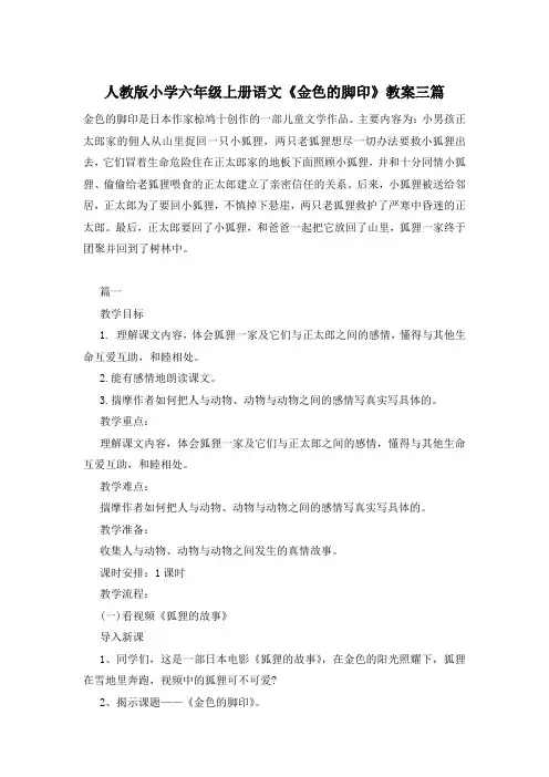人教版小学六年级上册语文《金色的脚印》教案三篇