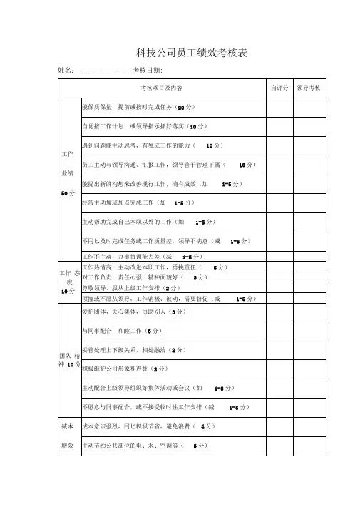 科技公司员工绩效考核表