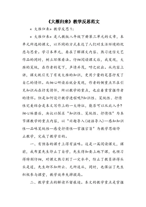 《大雁归来》教学反思范文