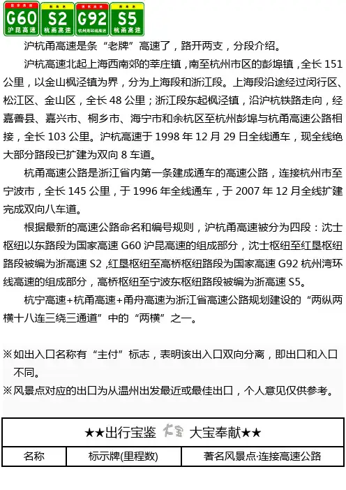 沪杭甬(沪杭、杭甬)高速出入口,服务区、里程数及风景区