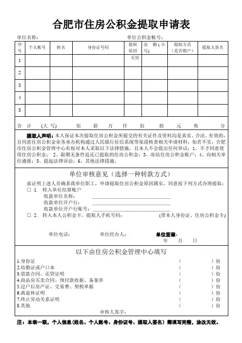 合肥市住房公积金提取申请表