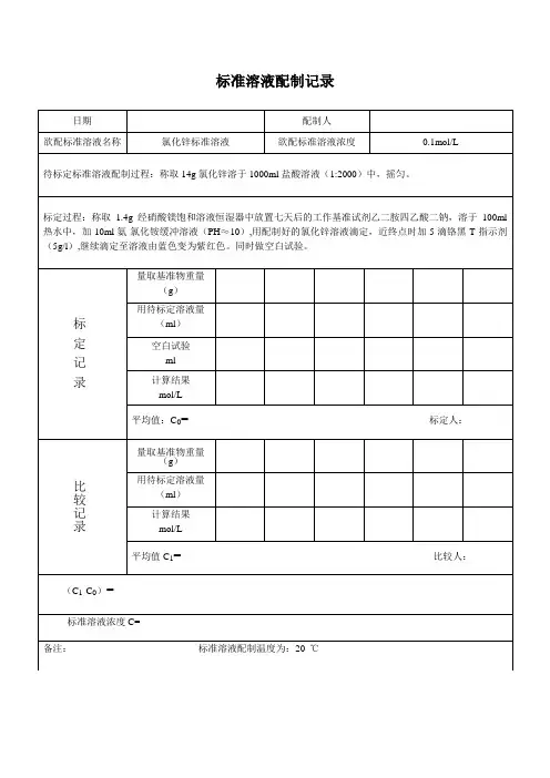氯化锌标准溶液配制记录