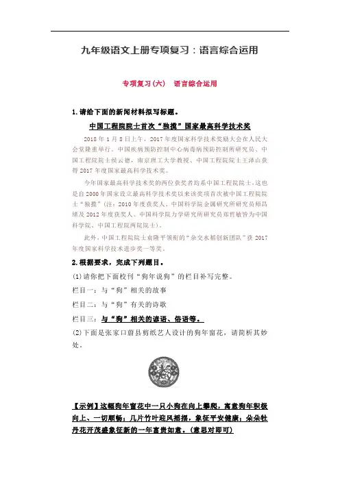 部编版九年级语文上册专项复习：语言综合运用(有答案)