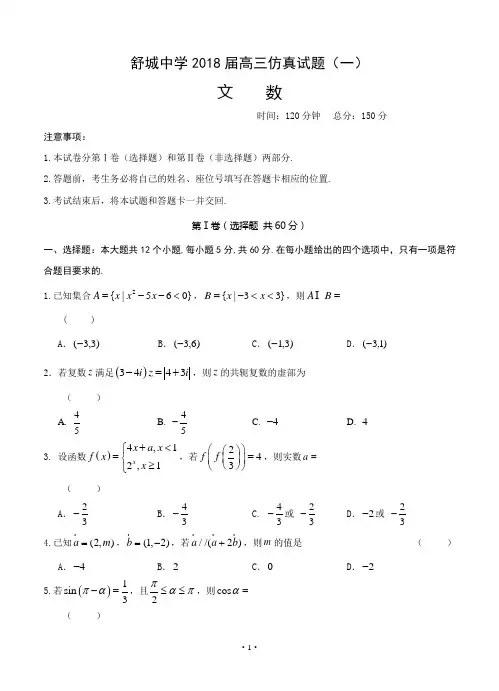 安徽省六安市舒城中学2018届高三仿真一数学文