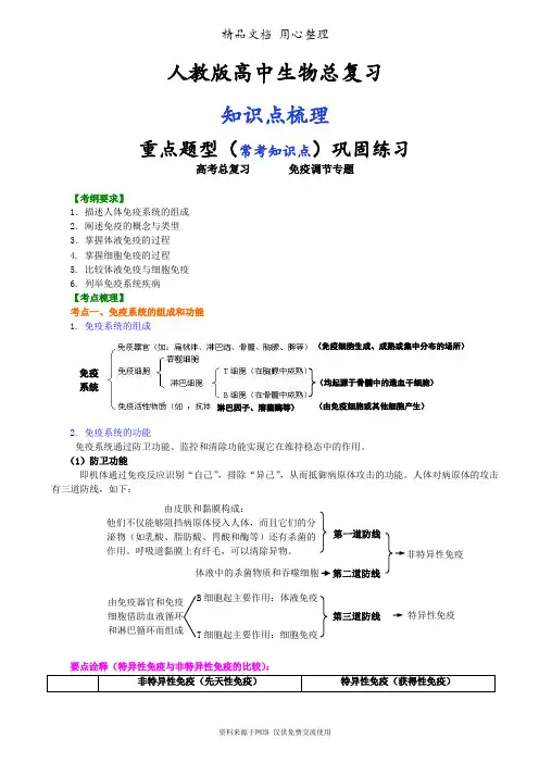 人教版高中生物总复习[知识点整理及重点题型梳理]——免疫调节专题