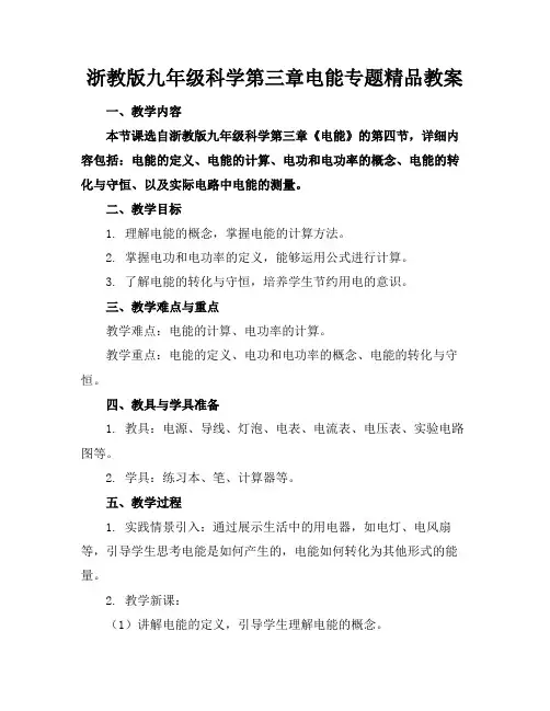 浙教版九年级科学第三章电能专题精品教案