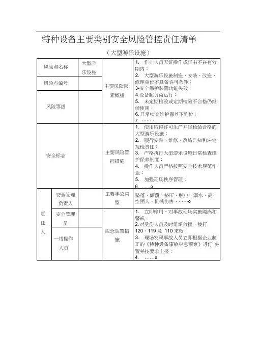大型游乐设施特种设备主要类别安全风险管控责任清单