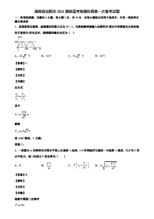湖南省岳阳市2021届新高考物理仿真第一次备考试题含解析