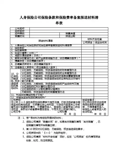 人身保险公司保险条款和保险费率备案报送材料清单表