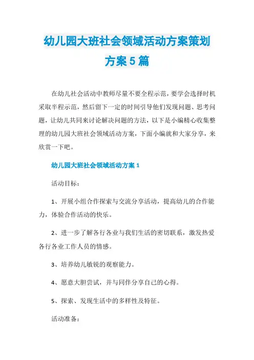 幼儿园大班社会领域活动方案策划方案5篇