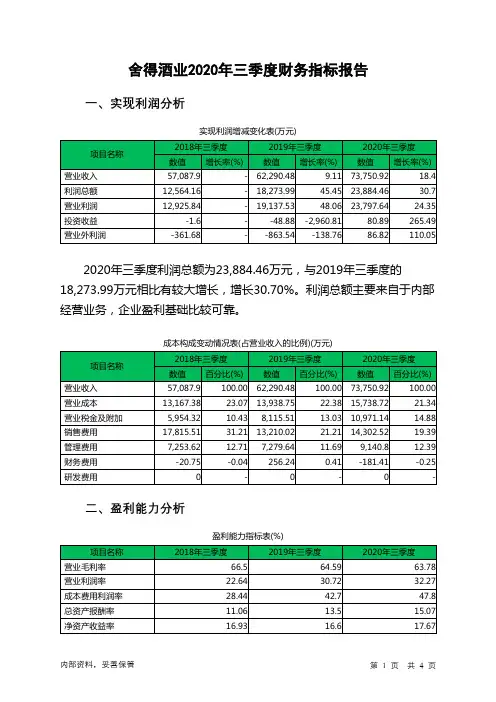 舍得酒业2020年三季度财务指标报告