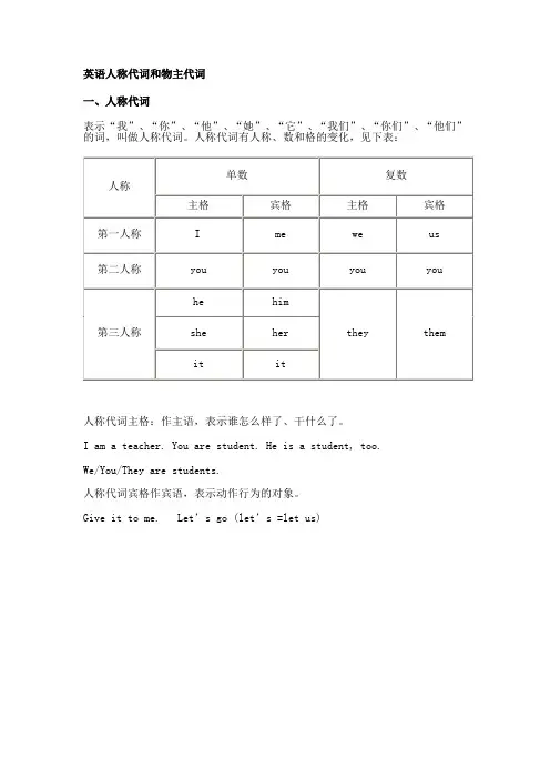 人称代词和物主代词的表格