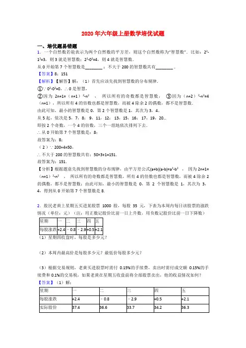 2020年六年级上册数学培优试题