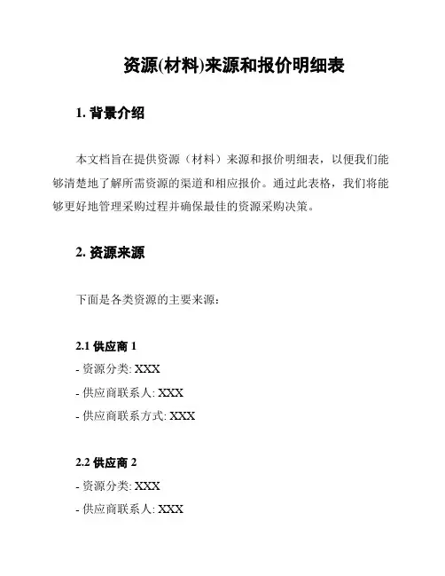 资源(材料)来源和报价明细表
