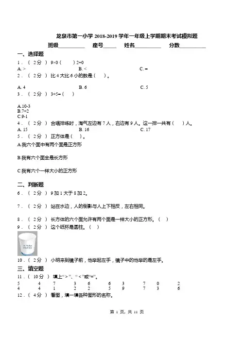 龙泉市第一小学2018-2019学年一年级上学期期末考试模拟题
