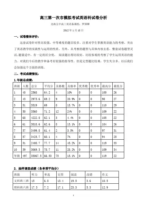 高三第一次市模拟考试英语科试卷分析