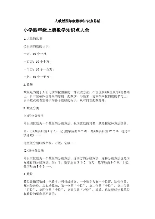 人教版四年级数学知识点总结