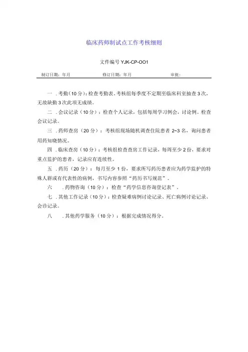 药学部临床药师制试点工作考核细则