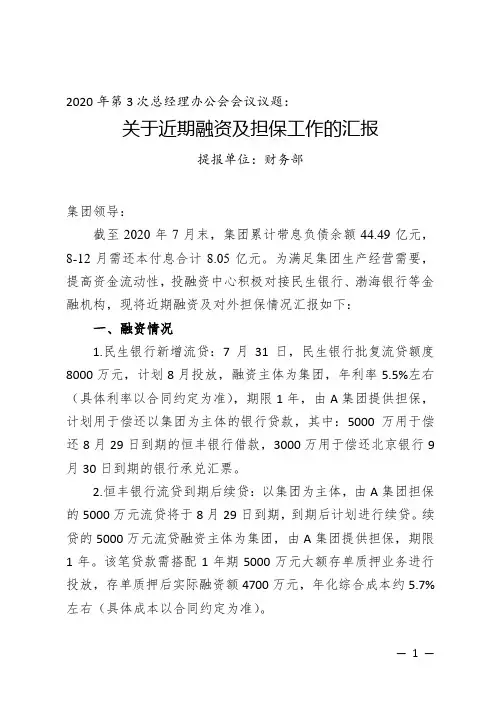 集团总经理办公会会议议题之关于近期融资及担保工作的汇报