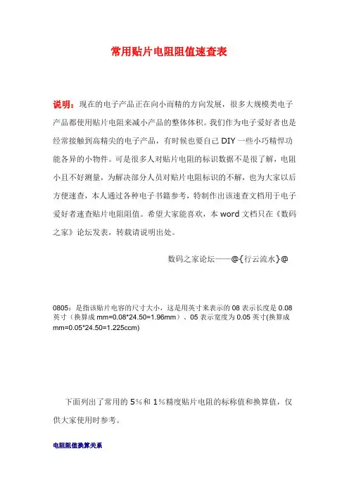 常用贴片电阻阻值速查表