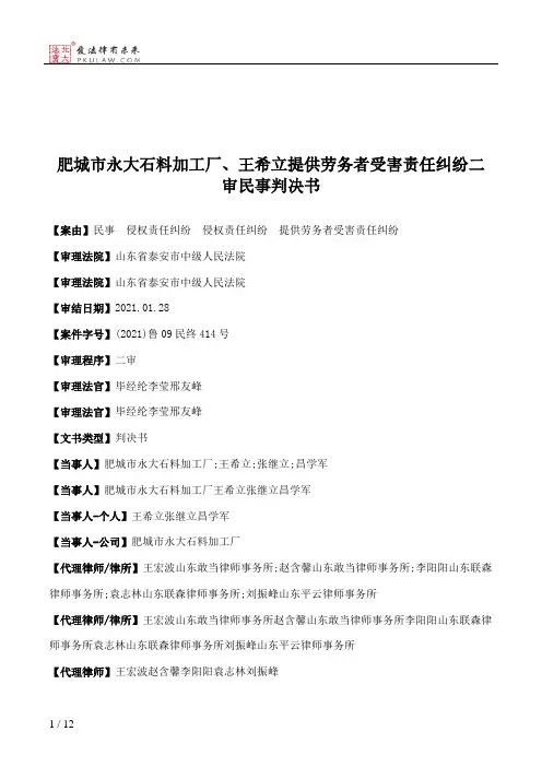 肥城市永大石料加工厂、王希立提供劳务者受害责任纠纷二审民事判决书