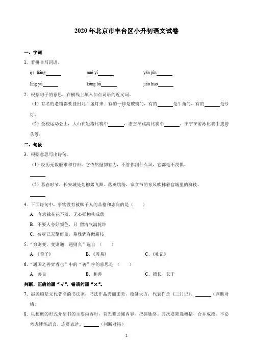 2020年北京市丰台区小升初语文试卷(含解析)印刷版