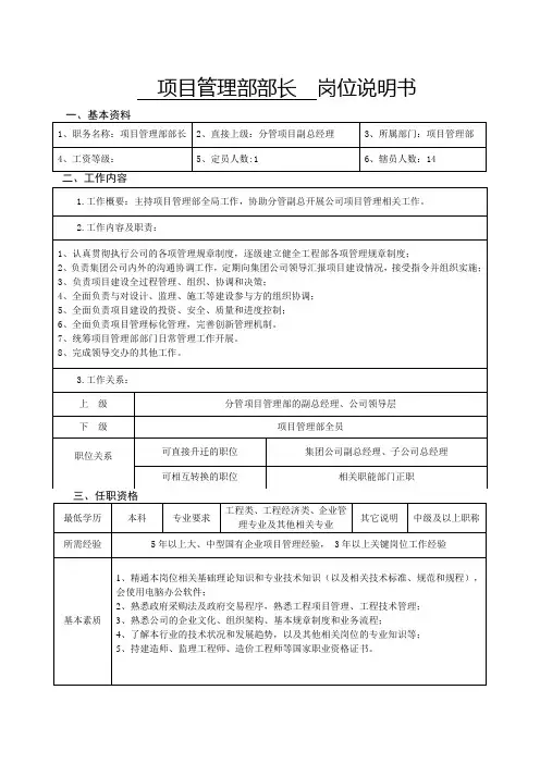 公司项目管理部门岗位责任说明书(参考)