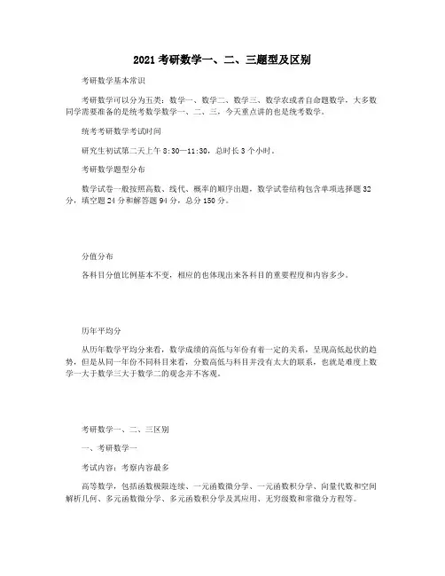 2021考研数学一二三题型及区别