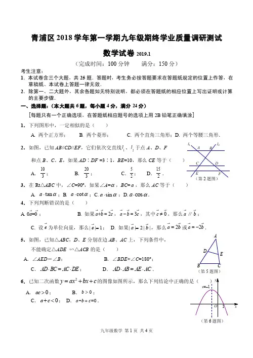 上海市青浦区2018-2019学年第一学期初三期末质量检测（一模）数学试卷（解..