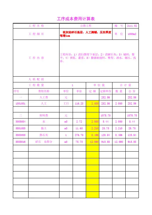 2111.02  泥灰结碎石基层,人工摊铺,压实厚度每增1cm