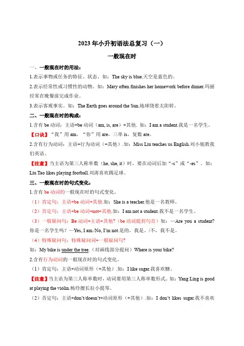 2023年小学英语六年级小升初语法总复习(一)一般现在时 (译林版含答案)