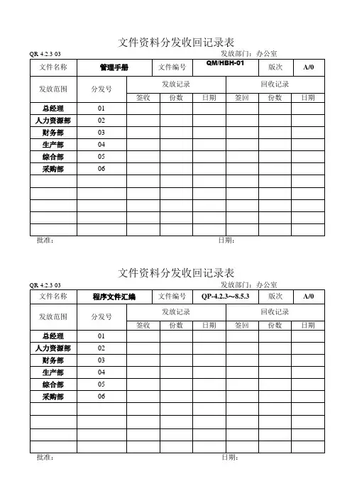 文件收发、回收登记表