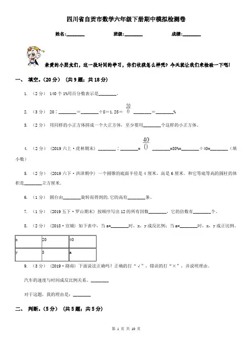 四川省自贡市数学六年级下册期中模拟检测卷
