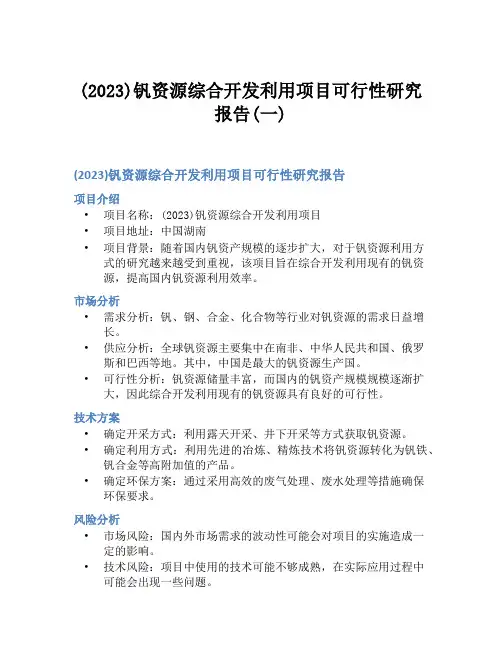(2023)钒资源综合开发利用项目可行性研究报告(一)
