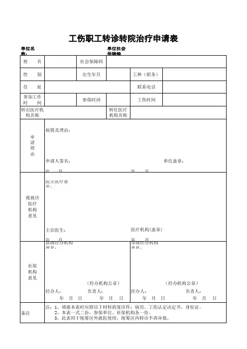 工伤职工转诊转院治疗申请表