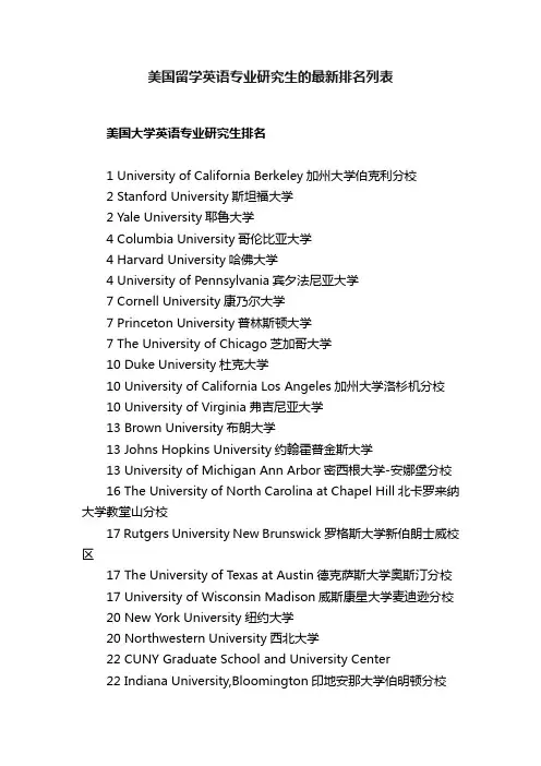 美国留学英语专业研究生的最新排名列表