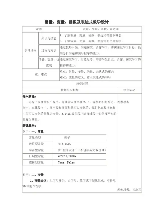 常量、变量、函数及表达式教学设计