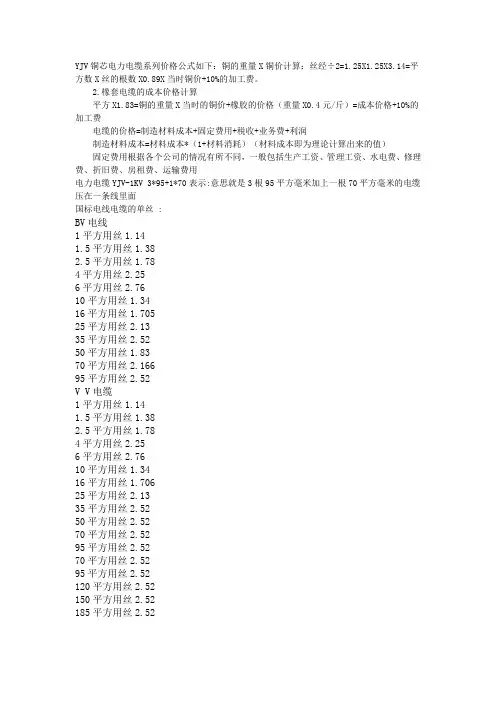 YJV铜芯电力电缆系列价格公式如下