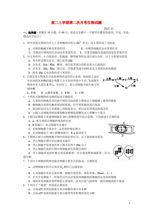 浙江省天台平桥中学2013-2014学年高二生物上学期第二次月考试题